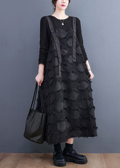 Women Black Tasseled Cotton Holiday Strap Dress Summer