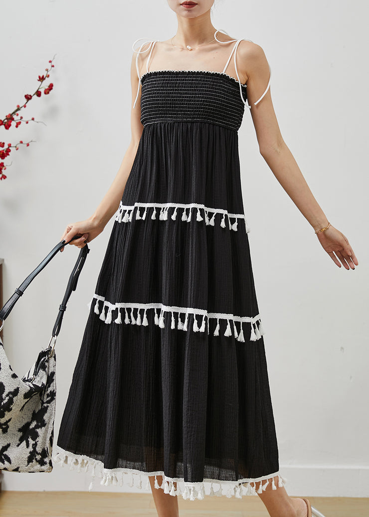 Women Black Tasseled Cotton Summer Spaghetti Strap Dress