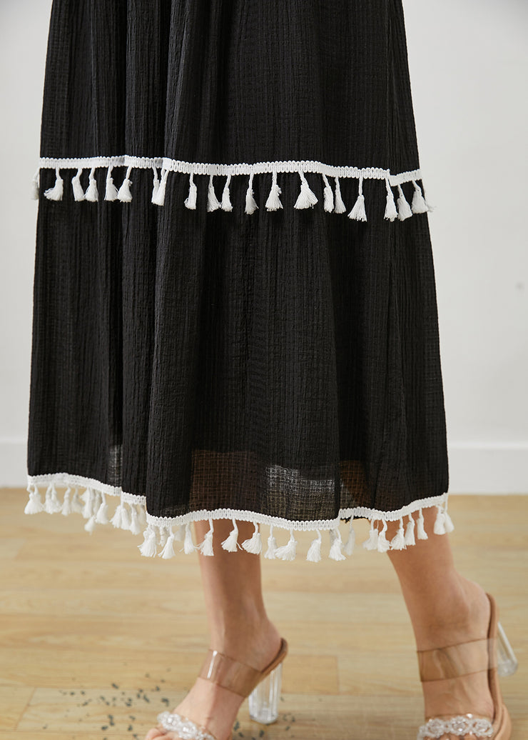 Women Black Tasseled Cotton Summer Spaghetti Strap Dress