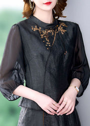 Women Black Tasseled Embroidered Patchwork Silk Top Summer