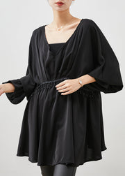 Women Black Tasseled Exra Large Hem Chiffon Shirt Top Spring