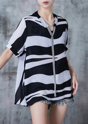 Women Black Tasseled Striped Chiffon Tops Summer