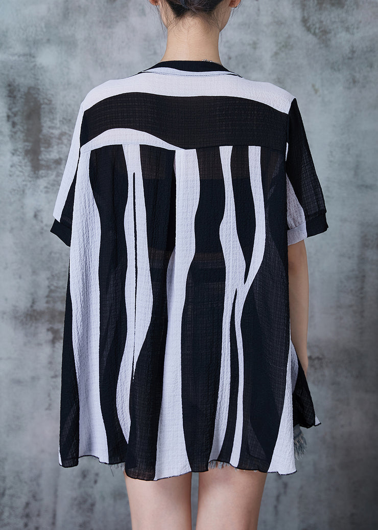 Women Black Tasseled Striped Chiffon Tops Summer