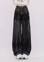 Women Black Tie Dye Denim Straight Pants Spring