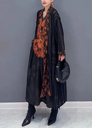 Women Black Tulle Maxi Cardigans And Print Top Two Pieces Set Fall