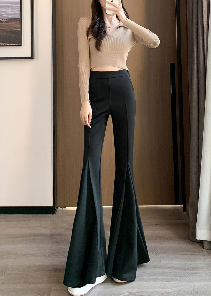 Women Black Tummy Control Spandex Bell-bottom Trousers Spring