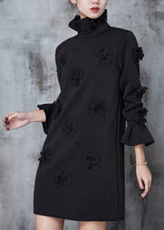 Women Black Turtle Neck Floral Cotton Dress Flare Sleeve