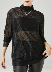 Women Black Turtle Neck Hollow Out Tulle Top Spring