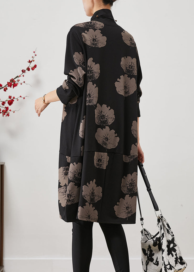 Women Black Turtle Neck Print Cotton Dresses Fall