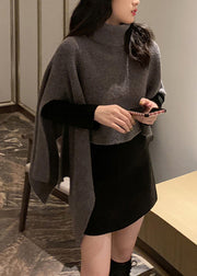 Women Black Turtleneck Asymmetrical Knit Cape Sweaters Spring