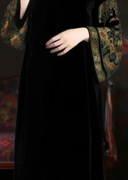 Women Black Turtleneck Print Patchwork Silk Long Dresses Fall