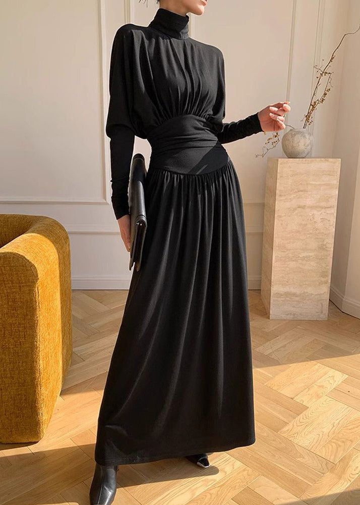 Women Black Turtleneck Wrinkled High Waist Cotton Maxi Dresses Spring