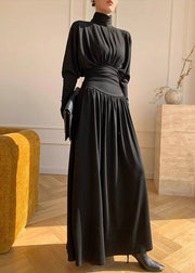 Women Black Turtleneck Wrinkled High Waist Cotton Maxi Dresses Spring