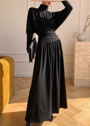 Women Black Turtleneck Wrinkled High Waist Cotton Maxi Dresses Spring