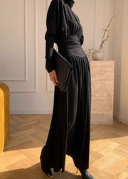 Women Black Turtleneck Wrinkled High Waist Cotton Maxi Dresses Spring