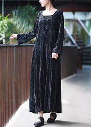 Women Black U Neck Print Velvet Long Dresses Fall