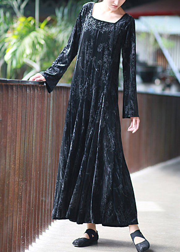 Women Black U Neck Print Velvet Long Dresses Spring