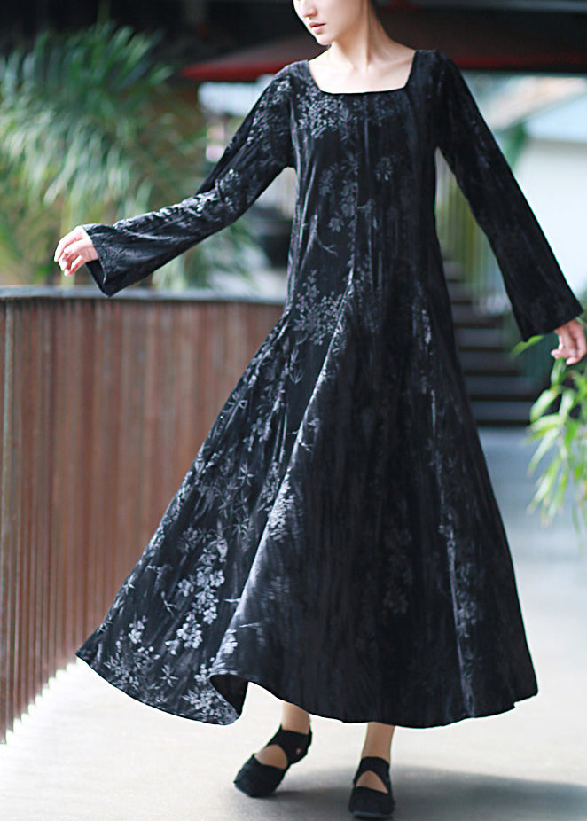 Women Black U Neck Print Velvet Long Dresses Spring