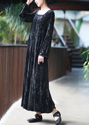 Women Black U Neck Print Velvet Long Dresses Fall