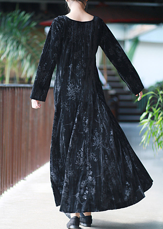 Women Black U Neck Print Velvet Long Dresses Spring