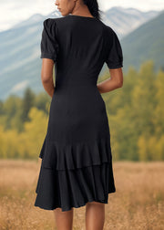 Women Black V Neck Asymmetrical Design Chiffon Dresses Summer