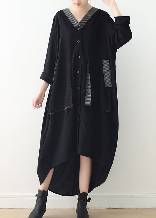 Women Black V Neck Asymmetrical Low High Design Button Maxi Dress Fall