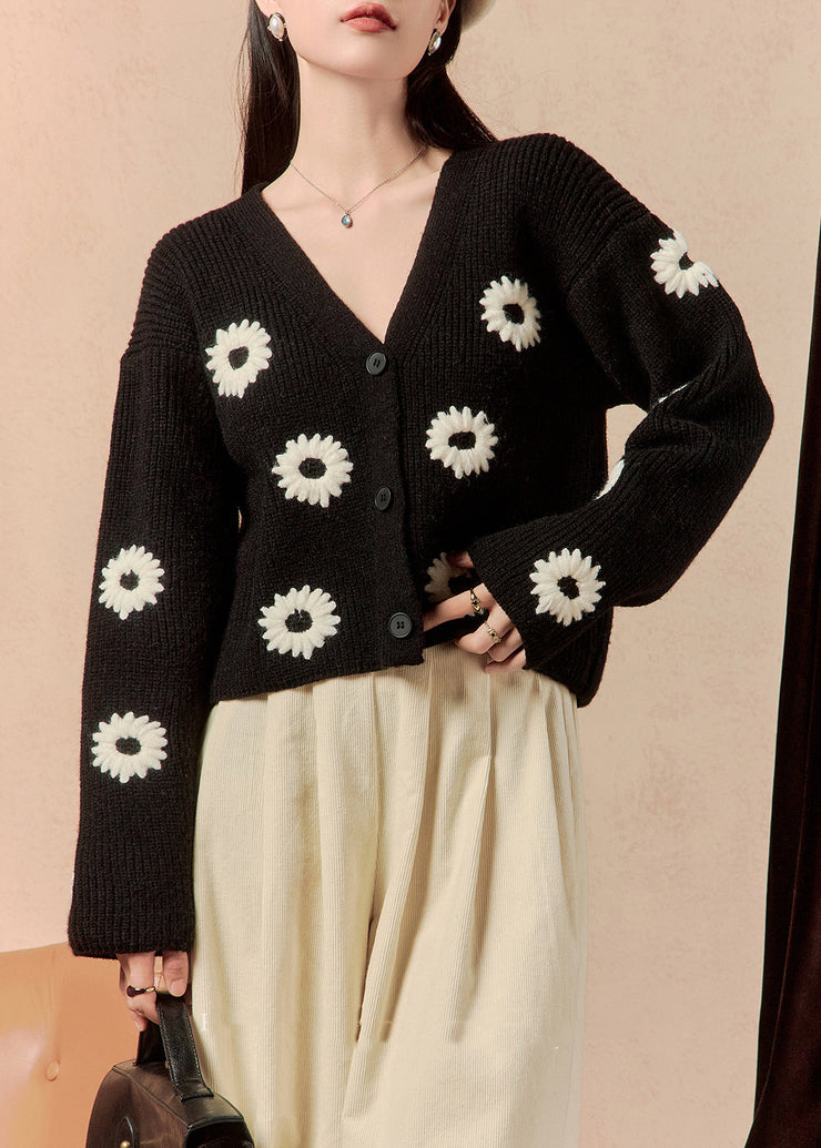 Women Black V Neck Button Floral Knit Sweaters Winter