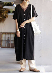 Women Black V Neck Button Maxi Dress Short Sleeve