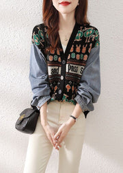 Women Black V Neck Button Patchwork Knit Sweaters Cardigan Fall