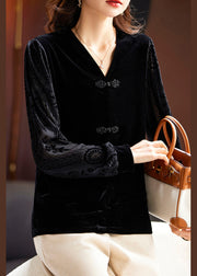 Women Black V Neck Button Silk Velour Tops Long Sleeve