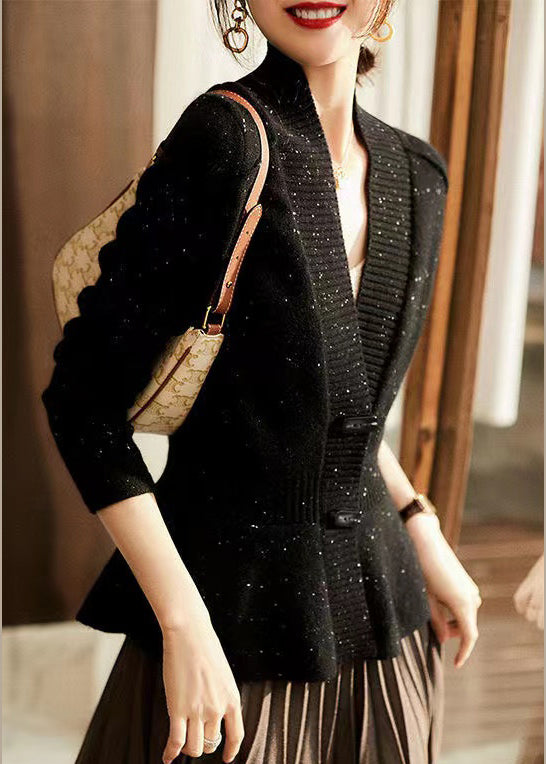 Women Black V Neck Dot Button Thick Cashmere Sweater Long Sleeve