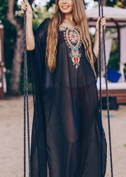 Women Black V Neck Embroidered Chiffon Long Beach Dresses Batwing Sleeve