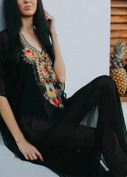 Women Black V Neck Embroideried Chiffon Long Beach Dresses Batwing Sleeve