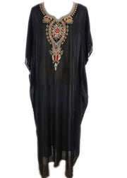 Women Black V Neck Embroidered Chiffon Long Beach Dresses Batwing Sleeve