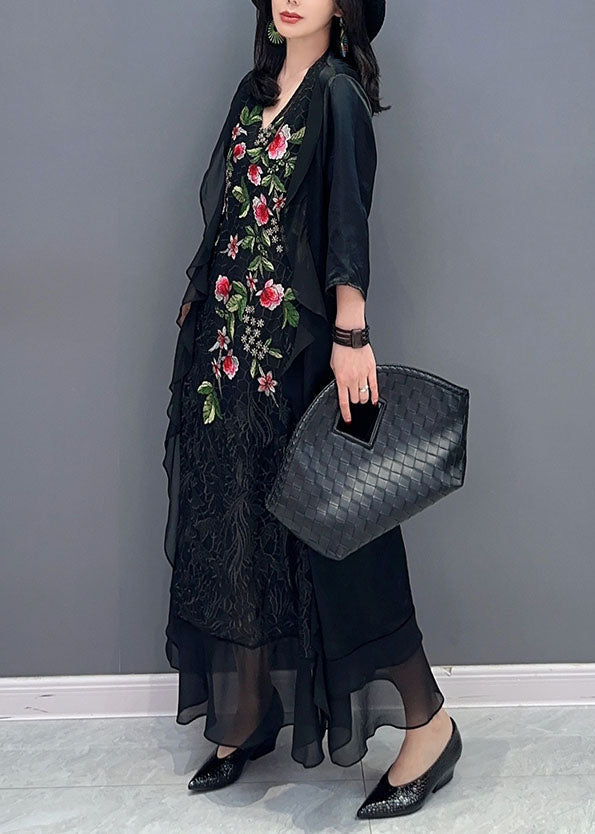 Women Black V Neck Embroideried Patchwork Chiffon Long Dress Summer