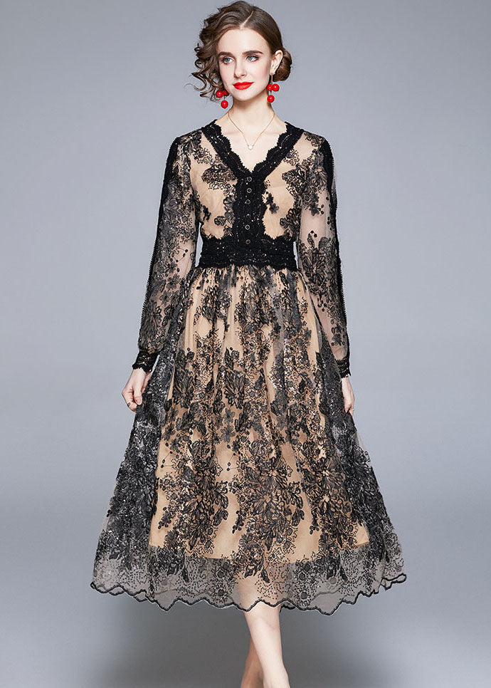 Women Black V Neck Embroideried Patchwork Tulle Dresses Long sleeve