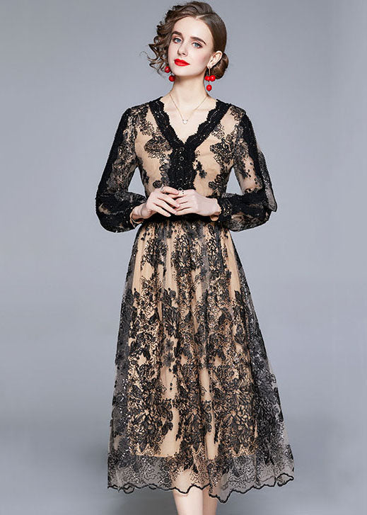 Women Black V Neck Embroideried Patchwork Tulle Dresses Long sleeve