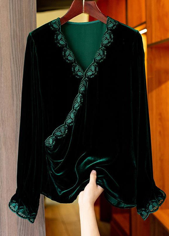 Women Black V Neck Embroidered Silk Velour Top Long Sleeve