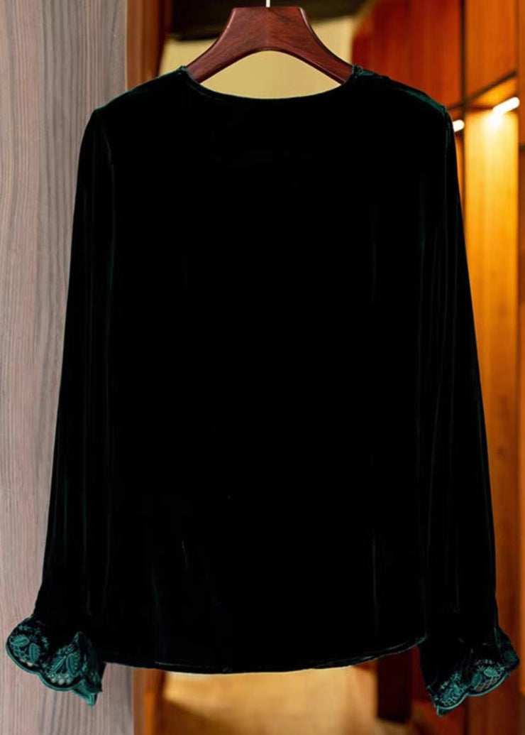 Women Black V Neck Embroidered Silk Velour Top Long Sleeve