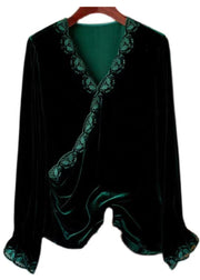 Women Black V Neck Embroidered Silk Velour Top Long Sleeve