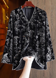 Women Black V Neck Jacquard Patchwork Silk Velour Coats Fall