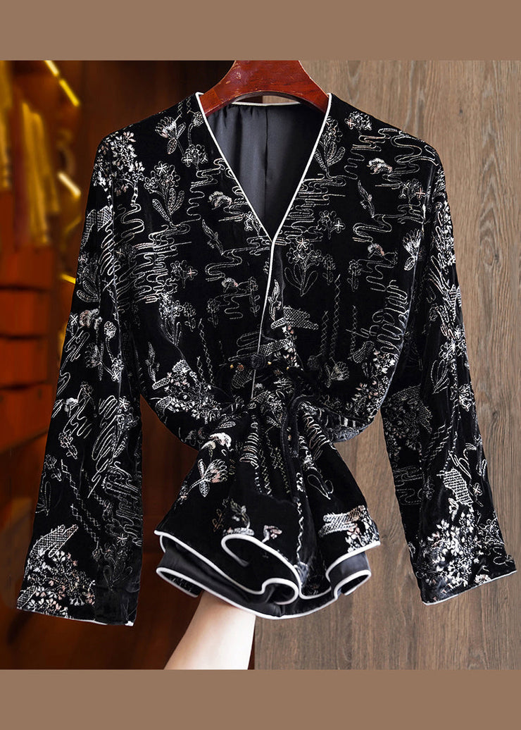 Women Black V Neck Jacquard Patchwork Silk Velour Coats Fall