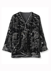 Women Black V Neck Jacquard Patchwork Silk Velour Coats Fall