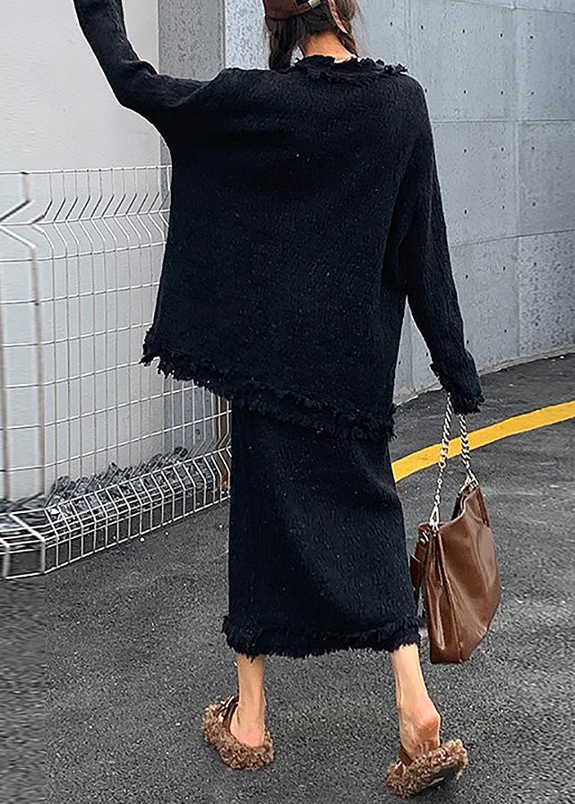 Women Black V Neck Knit Cardigans And Skirts Two Piece Set Winter