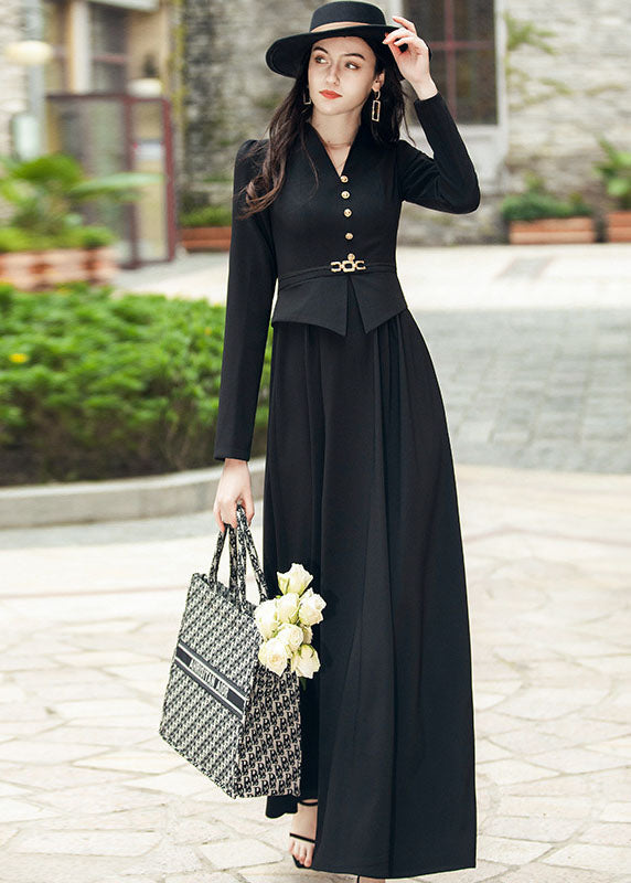 Women Black V Neck Patchwork Slim Fit Spandex Long Dresses Fall