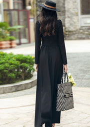 Women Black V Neck Patchwork Slim Fit Spandex Long Dresses Fall