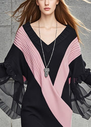 Women Black V Neck Patchwork Tulle Knit Sweater Dress Fall