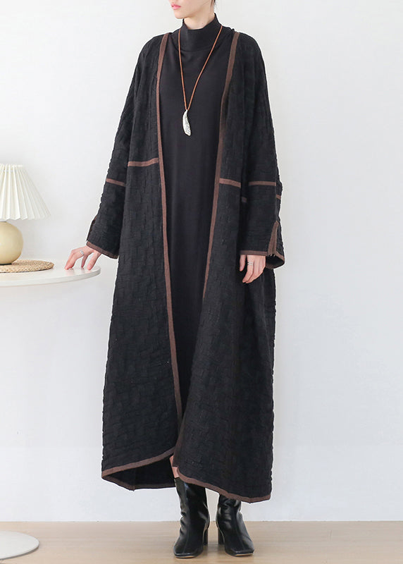 Women Black V Neck Patchwork Woolen Trench Coats Long Sleeve