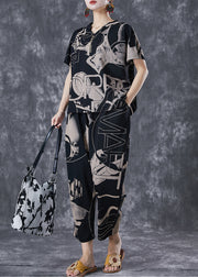 Women Black V Neck Print Cotton Two Piece Set Women Clothing Summer