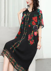 Women Black V Neck Rose Print Patchwork Chiffon Dresses Summer